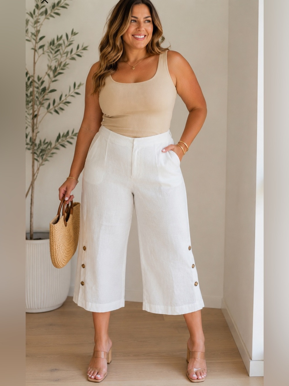Lafayette 148 New York Linen Wide Leg Capri Pants Women’s 14 White Button Hem